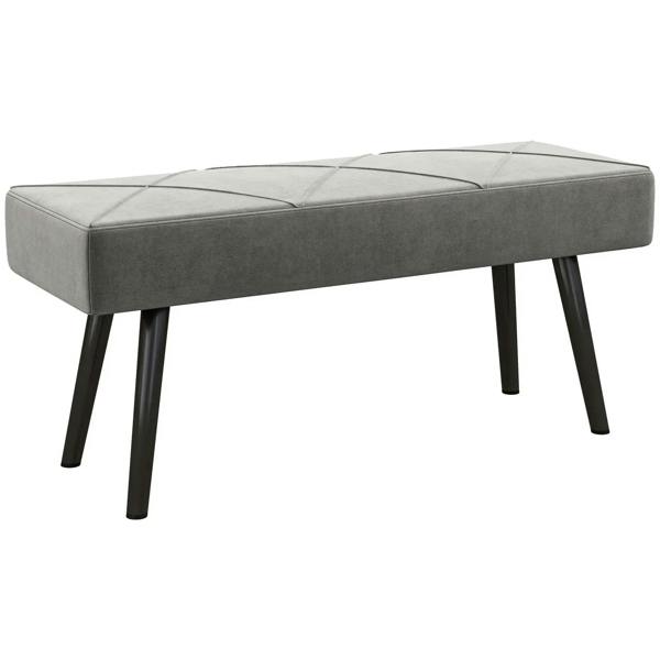 Grey upholstered bench with tufted top panels and four dark tapered steel legs