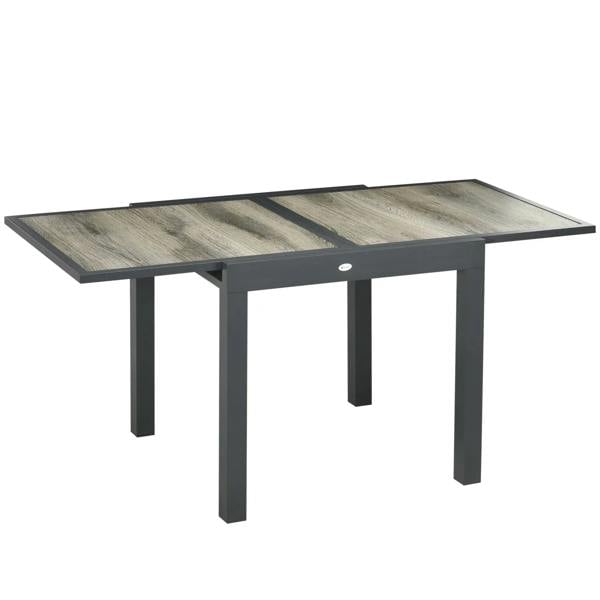 Rectangular outdoor dining table with grey woodgrain plastic tabletop and dark metal legs