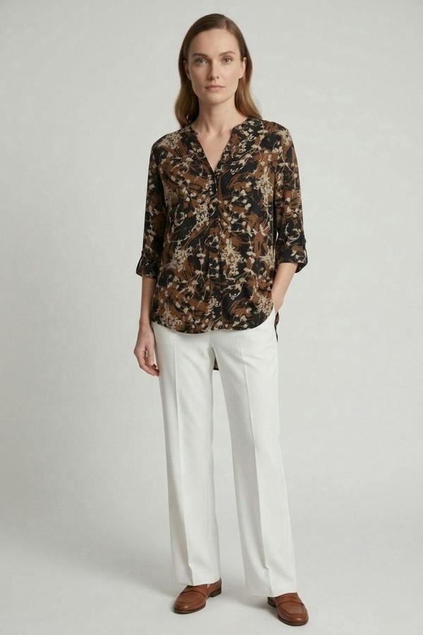 Navy | Printed V-Neck 3/4 Sleeve Relaxed Blouse