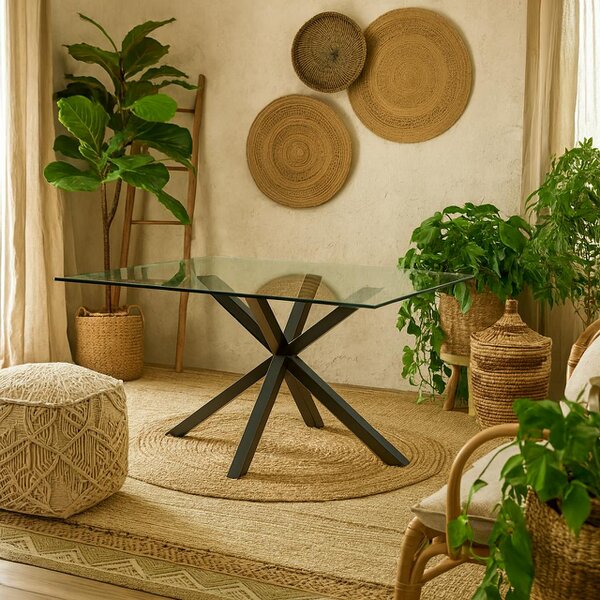 Wyld Haus Saignon Rectangular Glass Dining Table industrial Cross X Black Metal Legs