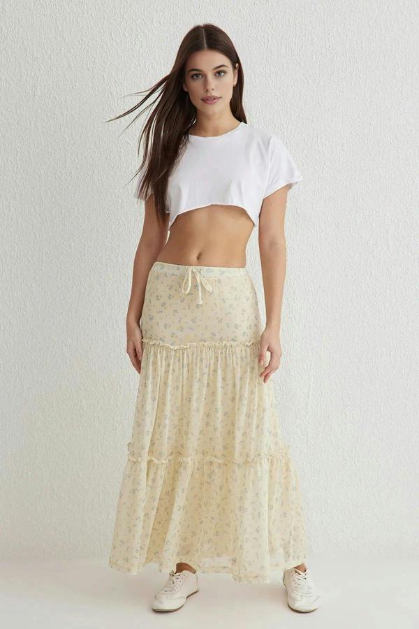 WOVCOR Tulle Floral Print Maxi Drape Detail Knitted Skirt