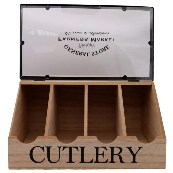 Wooden cutlery holder with engraved CUTLERY text on a white background