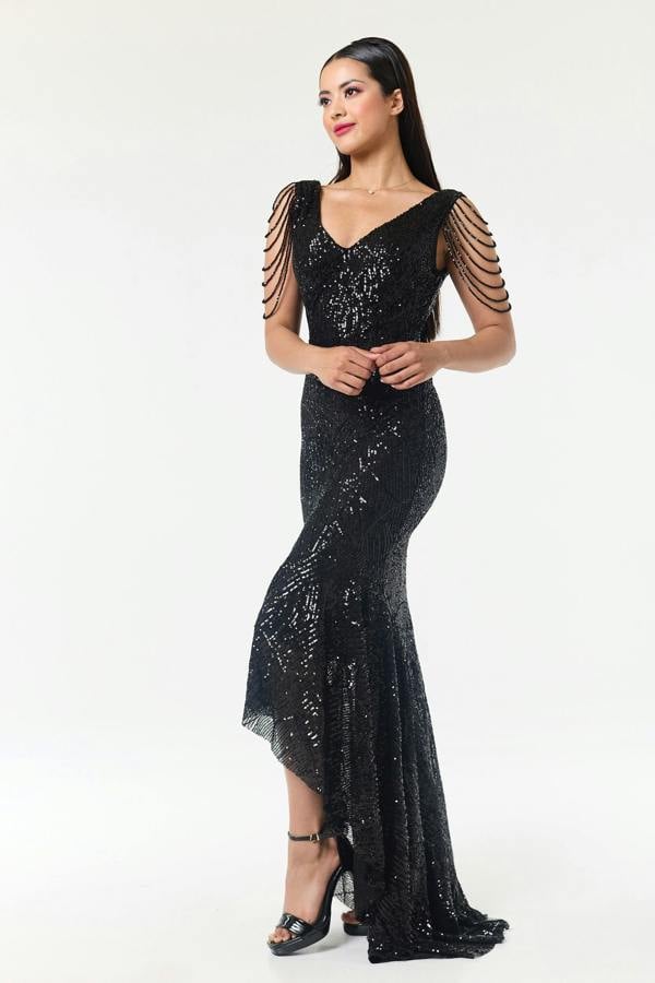 LuvForever Black Jewelled Hi-Lo Sequin Dress