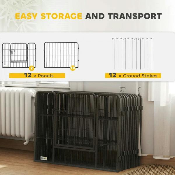 Folding silver wire puppy playpen panels stacked for storage and transport