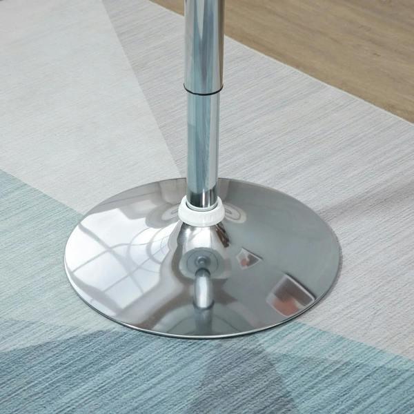 Polished chrome round base of adjustable-height bar table with central lift knob