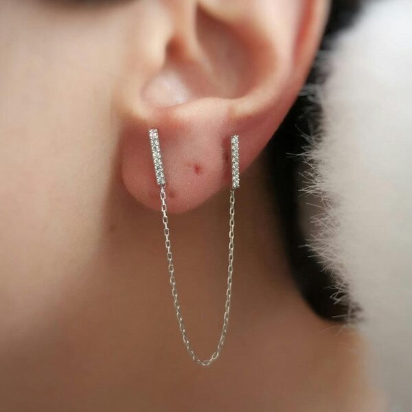 Spero London Chained Bar Chain and Bar Earring Set in Sterling Silver - Pair