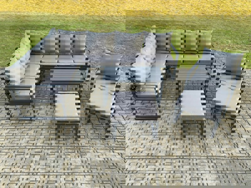 Fimous Aluminum 9 Seater Outdoor Lounge Corner Sofa Set Garden Furniture Sets with Oblong Coffee Table Chair 2 Big Footstool Dark Grey