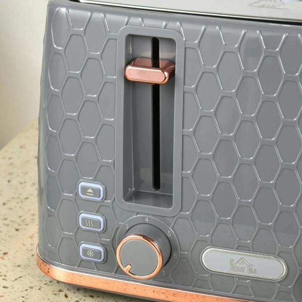 Grey toaster front with bread slots, indicator buttons, and browning dial, rose-gold trim