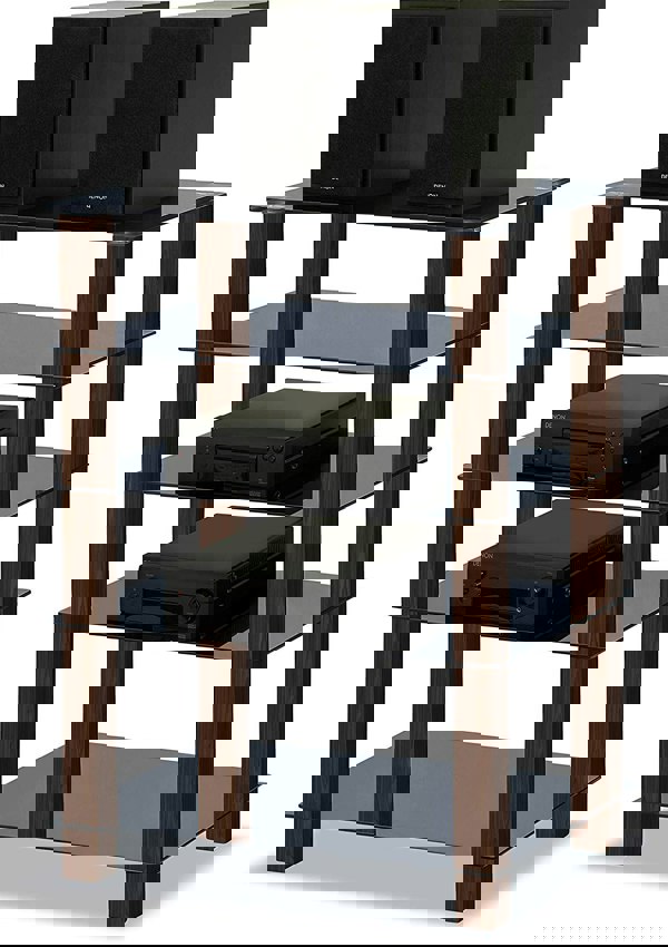 Centurion Supports TRINITY Gloss Black 5 Shelf with Walnut Legs Flat Screen TV Rack Glass Stand