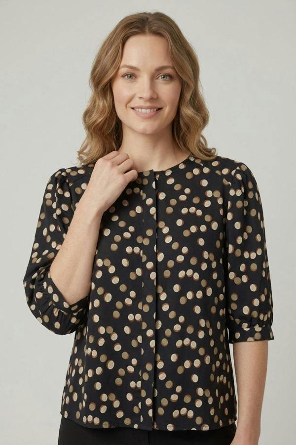 Black | Spotty Print 3/4 Sleeve Relaxed Blouse