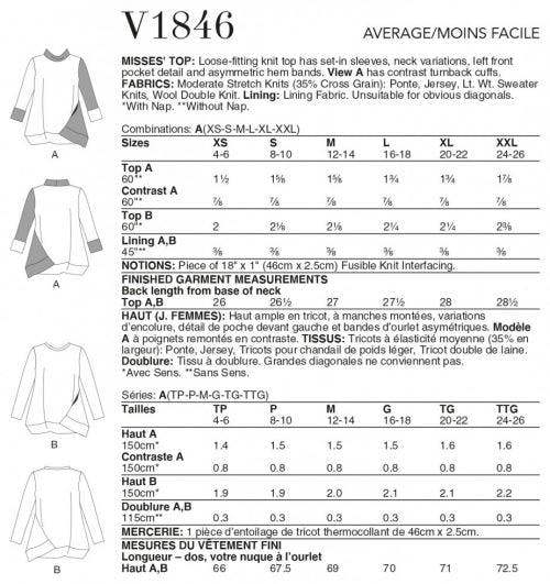 Vogue Sewing Pattern 1846, Tops for Women, A (XS-S-M-L-XL-XXL) - Intermediate