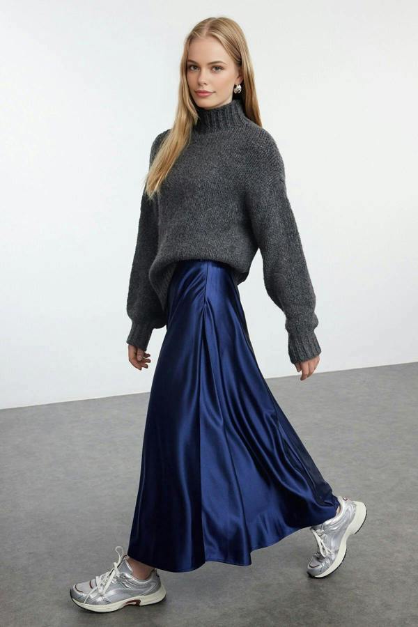 WOVCOR A-Line Cut Midi Satin Skirt