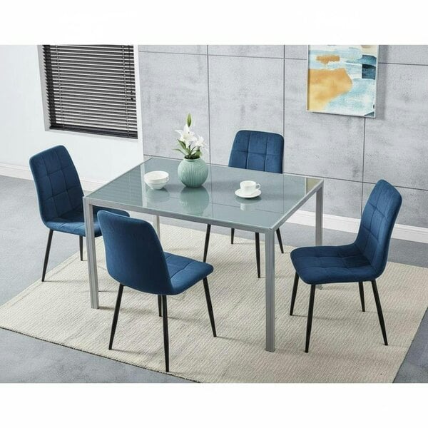 Kosy Koala Modern Grey Glass Dining Table Set with 4 blue velvet Chairs Dining Room Furniture