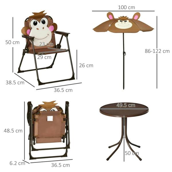 Brown monkey sun umbrella with round table and two folding chairs, product layout