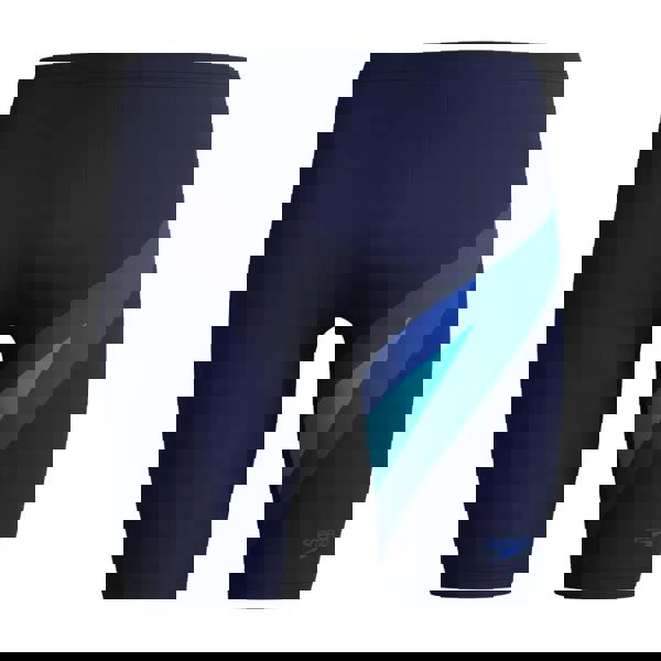 Navy HyperBoom swim jammer with bold diagonal royal teal stripe