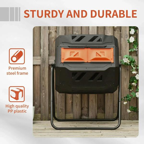 Orange and black dual-chamber composter on a sturdy steel frame