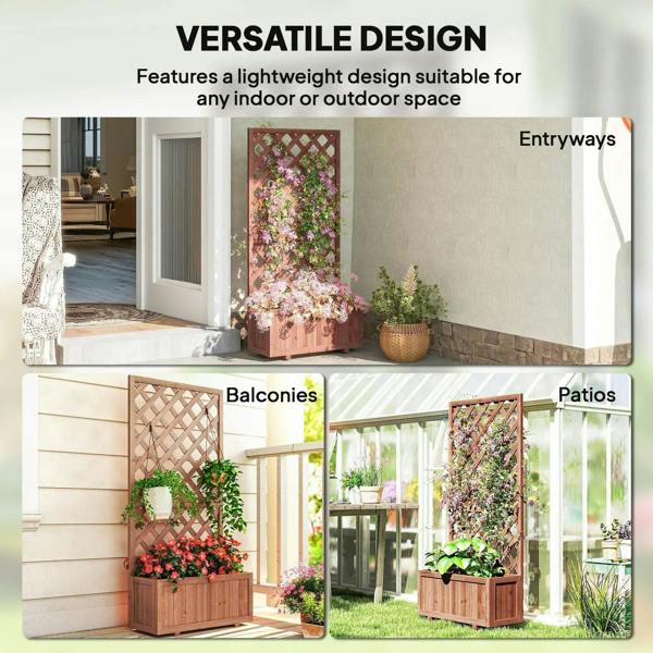 Wooden raised planter with lattice trellis frame for outdoor or indoor plant display, brown