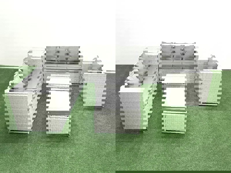 Fimous Wicker PE Rattan Sofa Garden Furniture Set with Armchair Oblong Coffee Table Big Footstool Side Table Light Grey Mixed