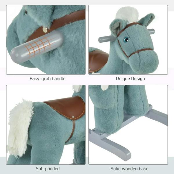 Blue plush rocking horse details: easy-grab handle, padded body, solid wooden base