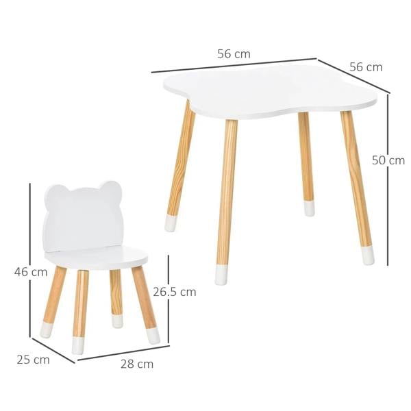 Kids table and chair set, white round tabletop with light wood legs, bear chair profile