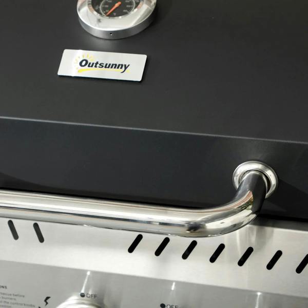 Outsunny black gas grill lid handle and stainless control panel with thermometer gauge