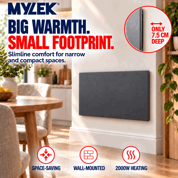 MYLEK Electric Radiator Panel Heater Grey WIFI Smart APP Eco 2000W Bathroom Safe Wall Mounted Timer Thermostat