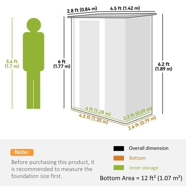 Storage shed size and dimension diagram with height, width, depth measurements