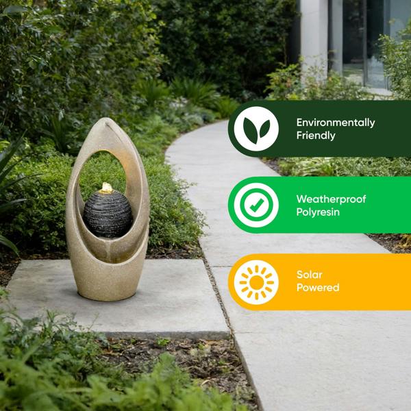 Gardenwize Solar Water Feature – Teardrop Tabletop Fountain with LED Lights & Battery Backup