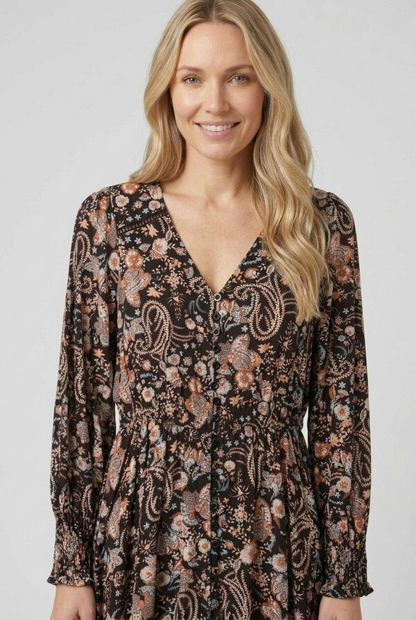 Izabel London Paisley Shirred Long Sleeve Maxi Dress