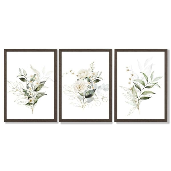 White an Green Floral Bouquets Set of 3 Framed Art Prints with Dark Wood Frames