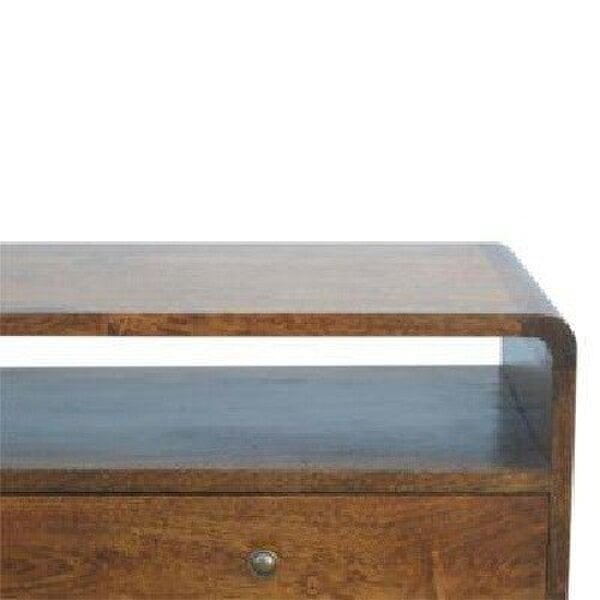 Wyld Haus Ostuni Curved Mango Wood Chestnut Console Table 2 Drawers Open Shelf