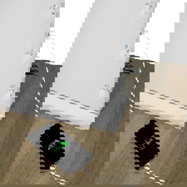 LED Bluetooth mirror with three round lights, sleek white frame, and USB charging port, placed on a wooden surface