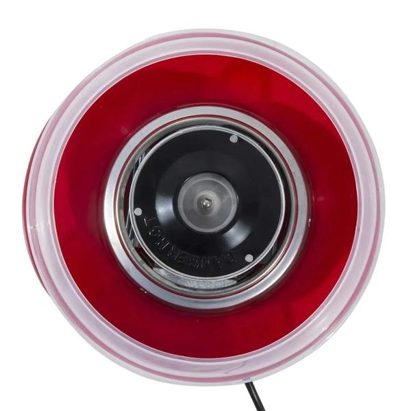 Top view of red cotton candy machine with clear bowl and black heating disc