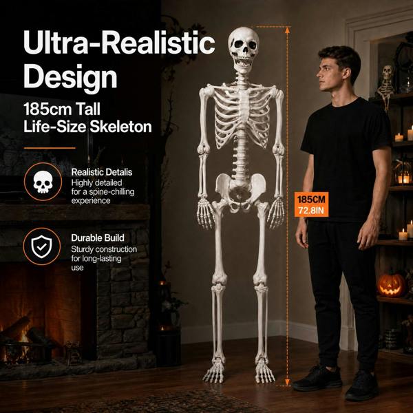 Yezi Halloween Skeleton Life Size 185cm Posable Joints Haunted House Patio White
