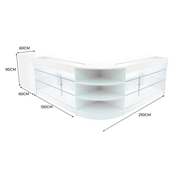 Curved white Astro LED shop counter set with glass shelves, measuring 210cm wide, 90cm high, and 60cm deep, ideal for retail displays