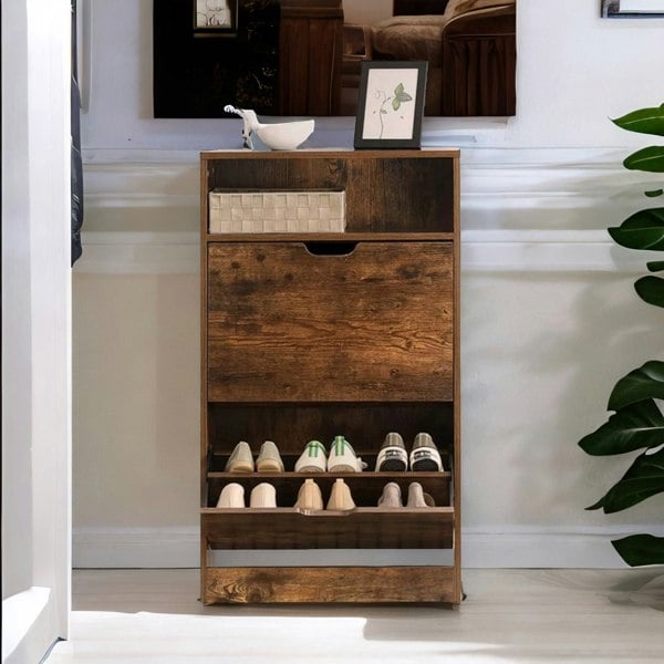 Rafaelo Mobilia 2 Drawer Shoe Storage Cabinet With Shelf Rustic Brown