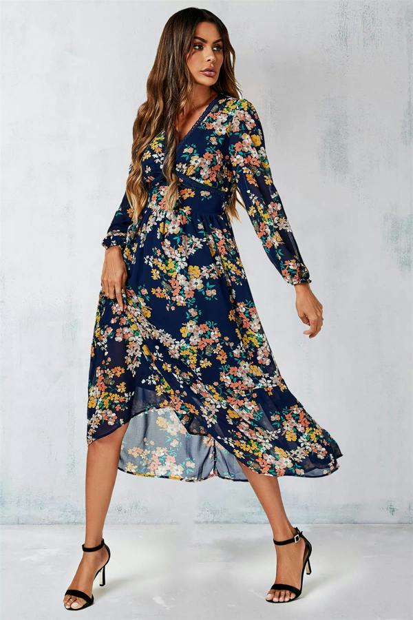 FS Collection Floral Print Long Sleeve Maxi Dress In Navy