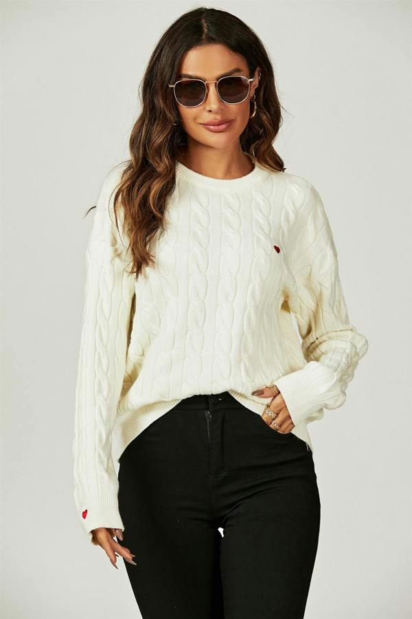 FS Collection Heart Embroidery Jumper Top In Cream
