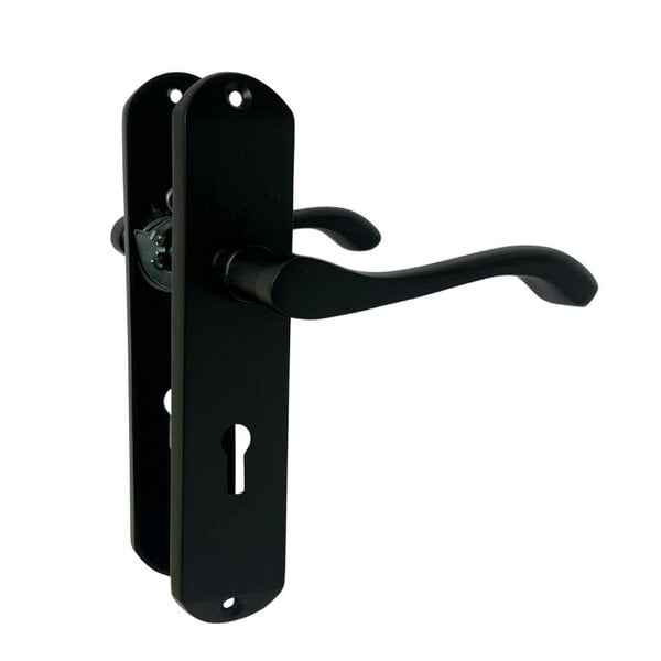 EDH Door Hardware EDH Cadenza Matt Black Victorian Scroll Door Handles – Lever Lock Backplate 178mm x 38mm