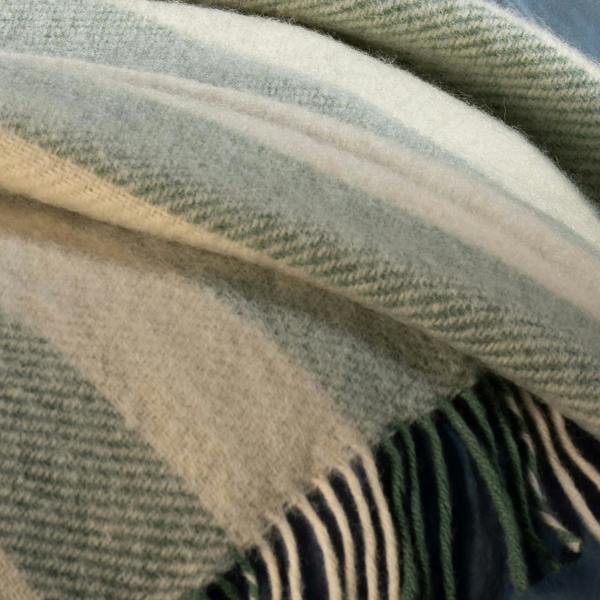 Misty Green Brushed Wool Stripe Throw - breathable, bedroom detail | Soak and Sleep