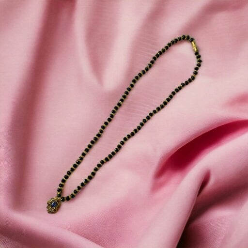 The Colourful Aura Black Crystal Gold Beaded Hamsa Mangalsutra Pendant Elegant Necklace