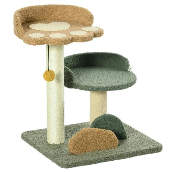 Small indoor cat tree with beige top bed, two green perches, scratching posts, and pom-pom toy