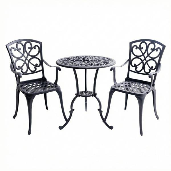 Centurion Supports VIVALDI 3-Piece Aluminium Garden Bistro Set - Round Table with Parasol Hole & 2 Generously Sized Armchairs - Baroque Design (Black)