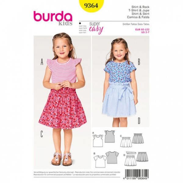 Burda Sewing Pattern 9364 Skirts and Tops For Kids, 2-7 Years - Easy