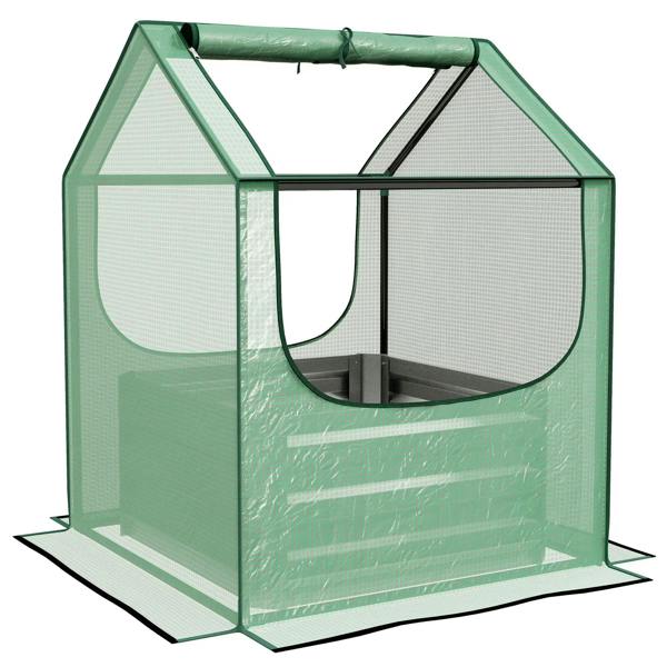 Green and silver fabric garden planter bed with greenhouse cover and open front