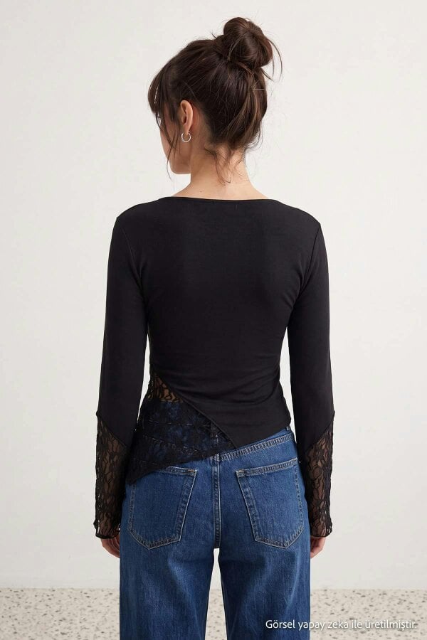 WOVCOR Boat Neck Spanish Sleeve Lace Detail Fitted Blouse