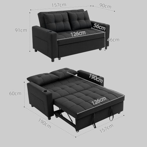 Wyld Haus Kanovi Fabric Black 2 Seater Pull Out Sofa Bed