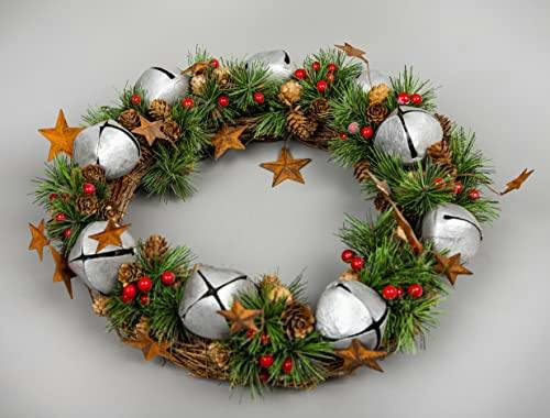 40cm Green Christmas Wreath with Silver Bells and Stars for Indoor or Sheltered Outdoor Display image 4