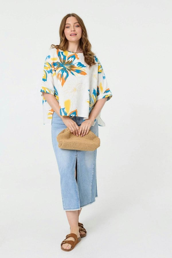 White | Floral 3/4 Sleeve Relaxed Boxy Blouse
