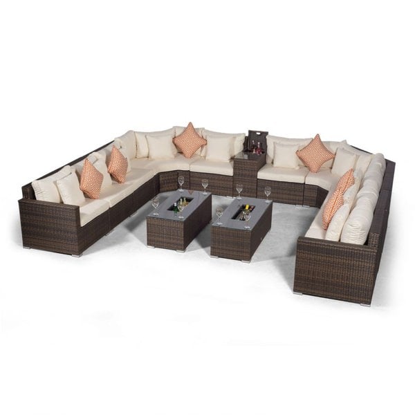 Giardino Santorini U Shape Modular 10 Seat Rattan Sofa Set With Armrest Drinks Cooler & 2 Drinks Cooler Coffee Tables